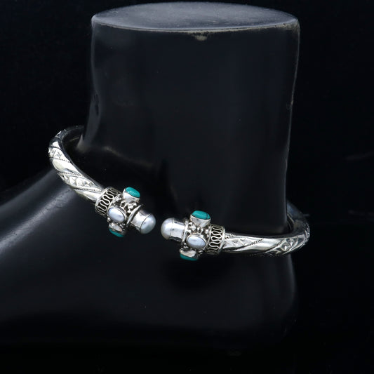 925 sterling silver stylish design ankle kada, ankle bangle bracelet with gorgeous turquoise stone nsfk122