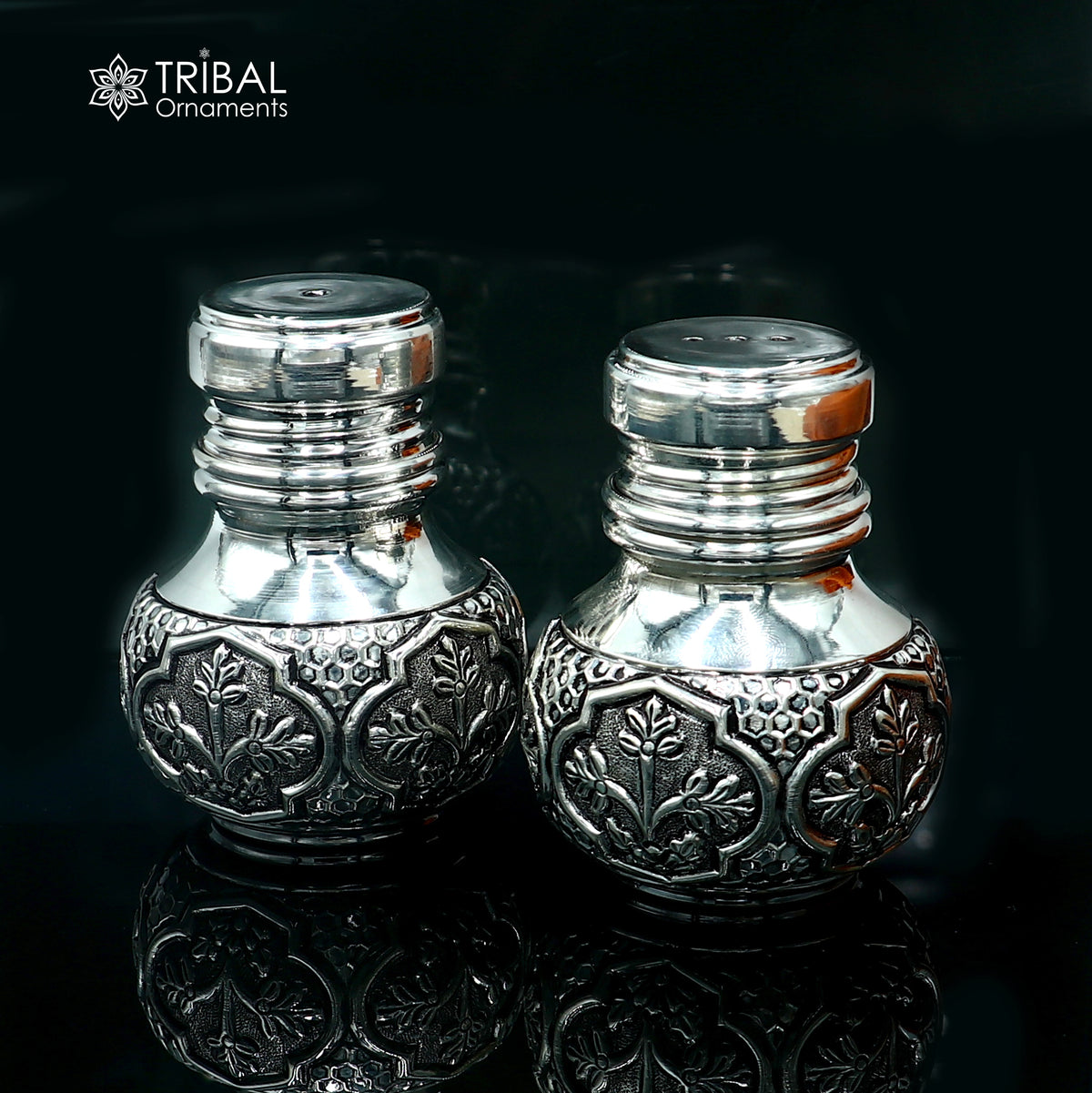 925 sterling silver Nakshi work salt and pepper shakers set by TRIBAL ORNAMENTS, featuring intricate traditional design for kitchen decor