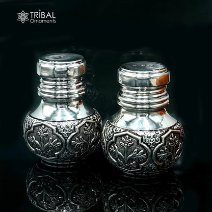 925 sterling silver Nakshi work salt and pepper shakers set by TRIBAL ORNAMENTS, featuring intricate traditional design for kitchen decor