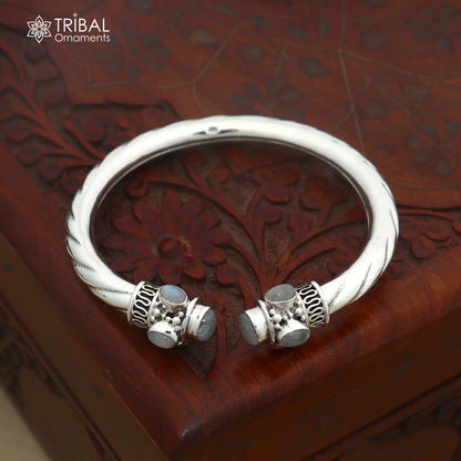 925 Sterling silver customized grey stone bangle cuff kada unisex tribal jewelry nsk975