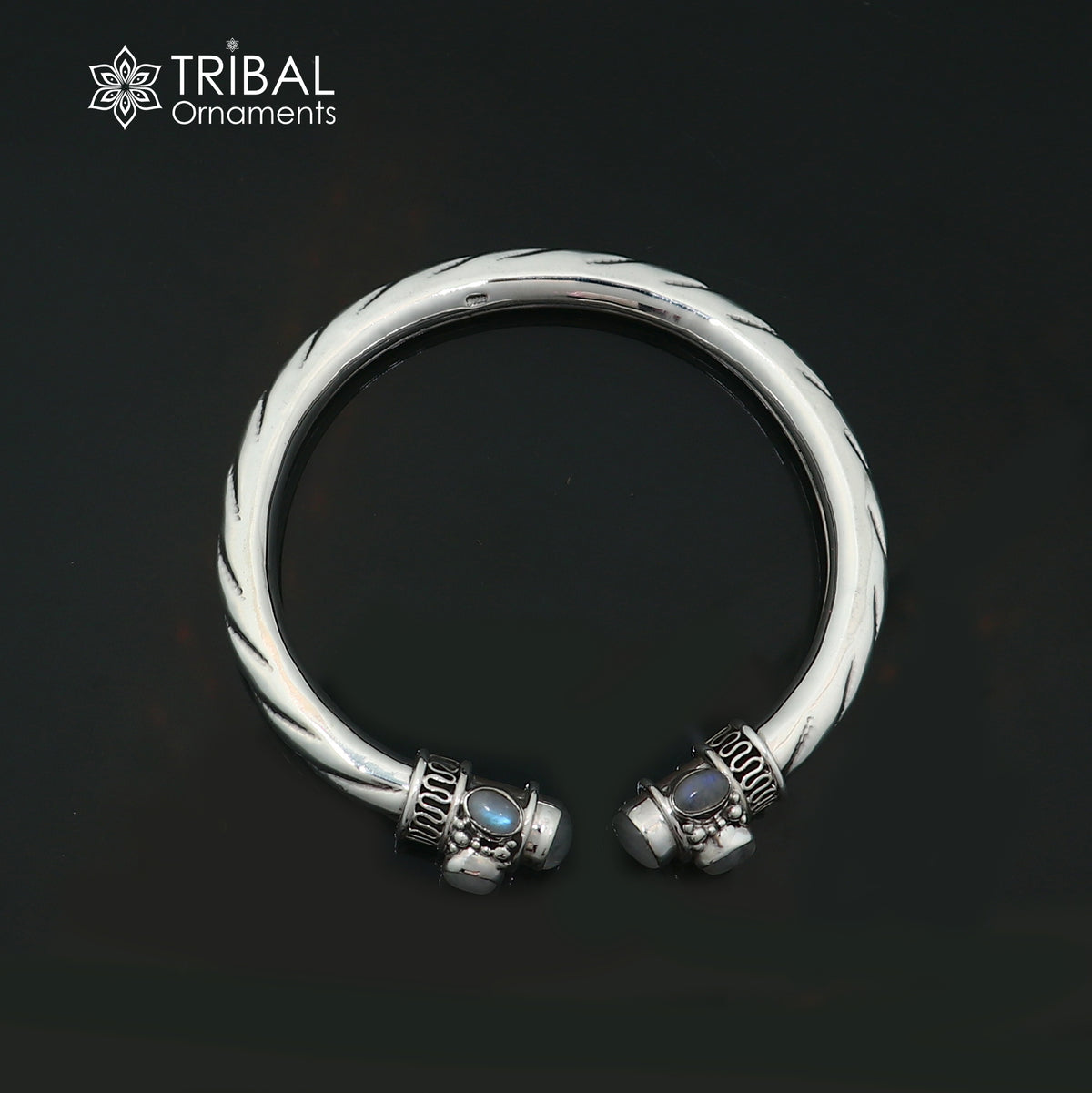 925 Sterling silver customized grey stone bangle cuff kada unisex tribal jewelry nsk975