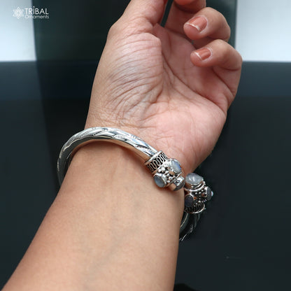 925 Sterling silver customized grey stone bangle cuff kada unisex tribal jewelry nsk975