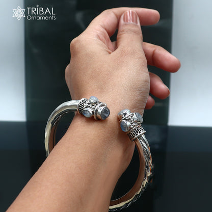 925 Sterling silver customized grey stone bangle cuff kada unisex tribal jewelry nsk975