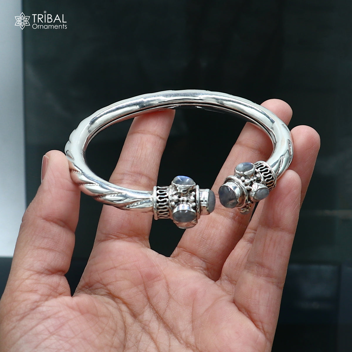925 Sterling silver customized grey stone bangle cuff kada unisex tribal jewelry nsk975