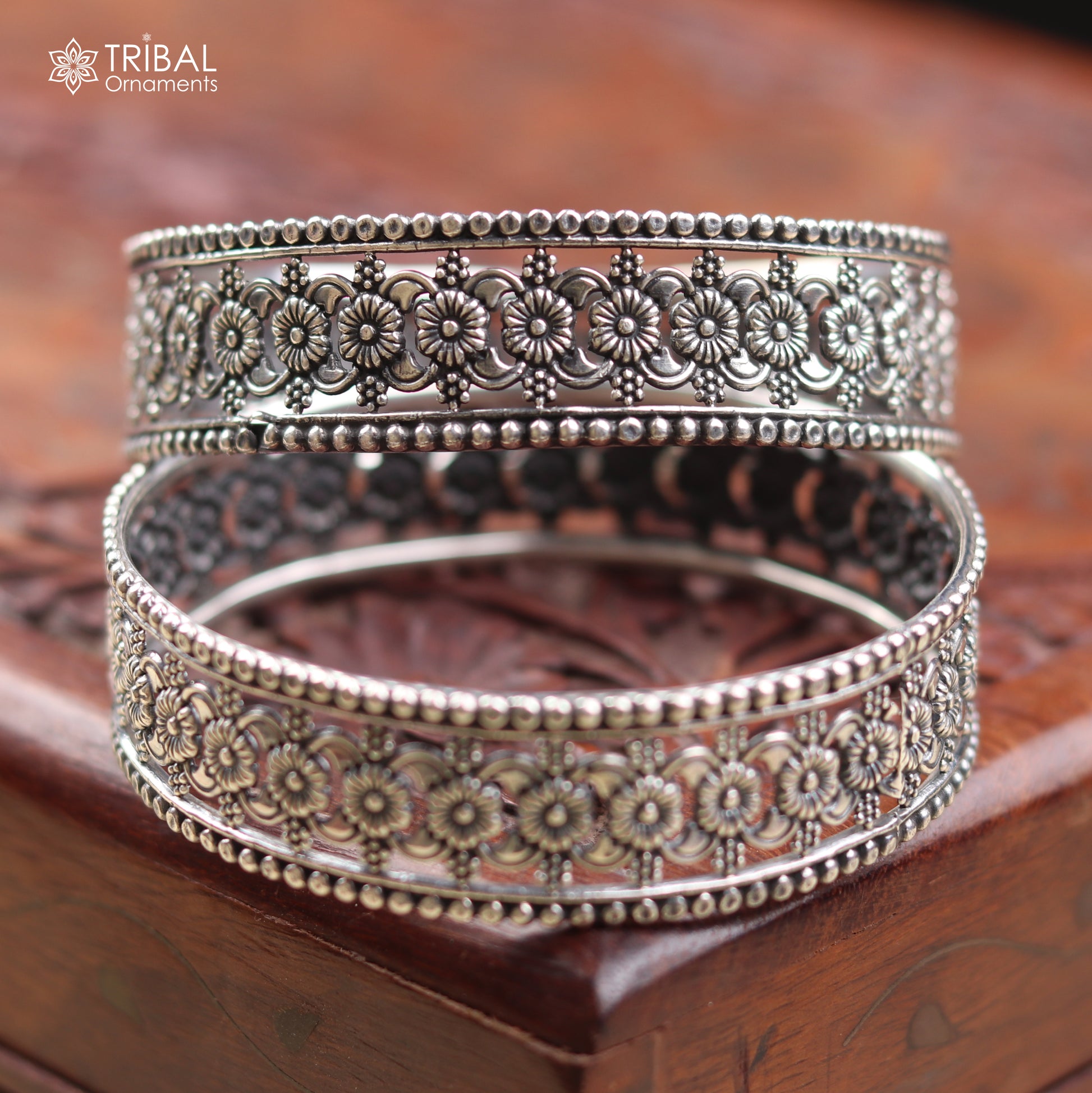 Sterling silver floral design bangle kada featuring intricate ethnic jewelry craftsmanship by TRIBAL ORNAMENTS.