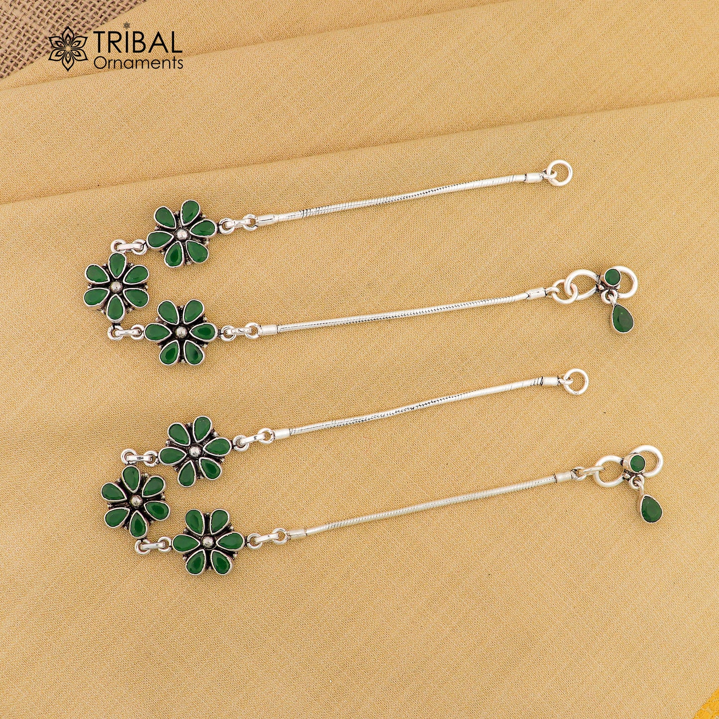 10" 925 sterling silver green stone flower design anklets foot bracelet ank730