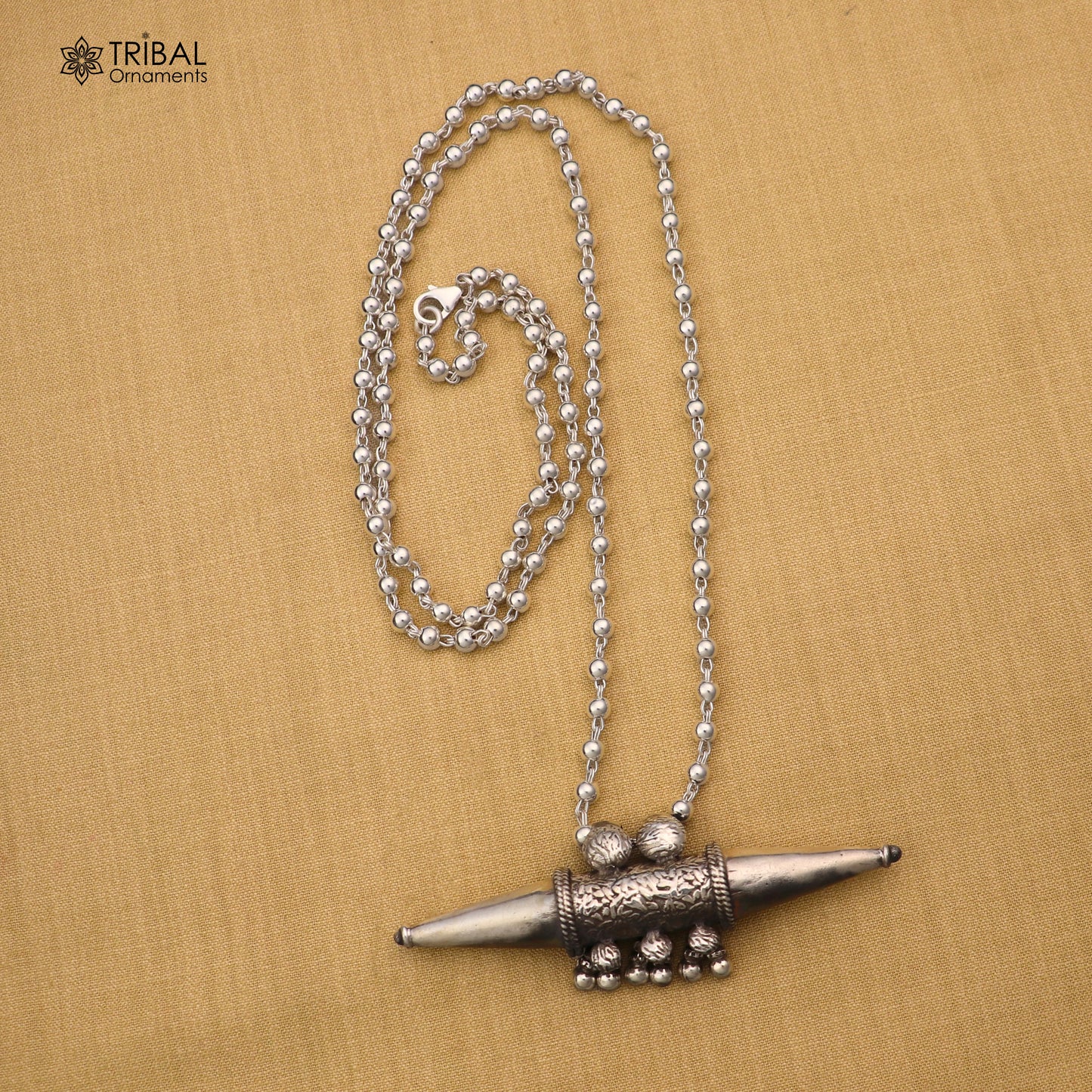 Sterling silver beaded chain necklace with ethnic tabiz pendant from TRIBAL ORNAMENTS tribal jewelry set, detailed close-up image.