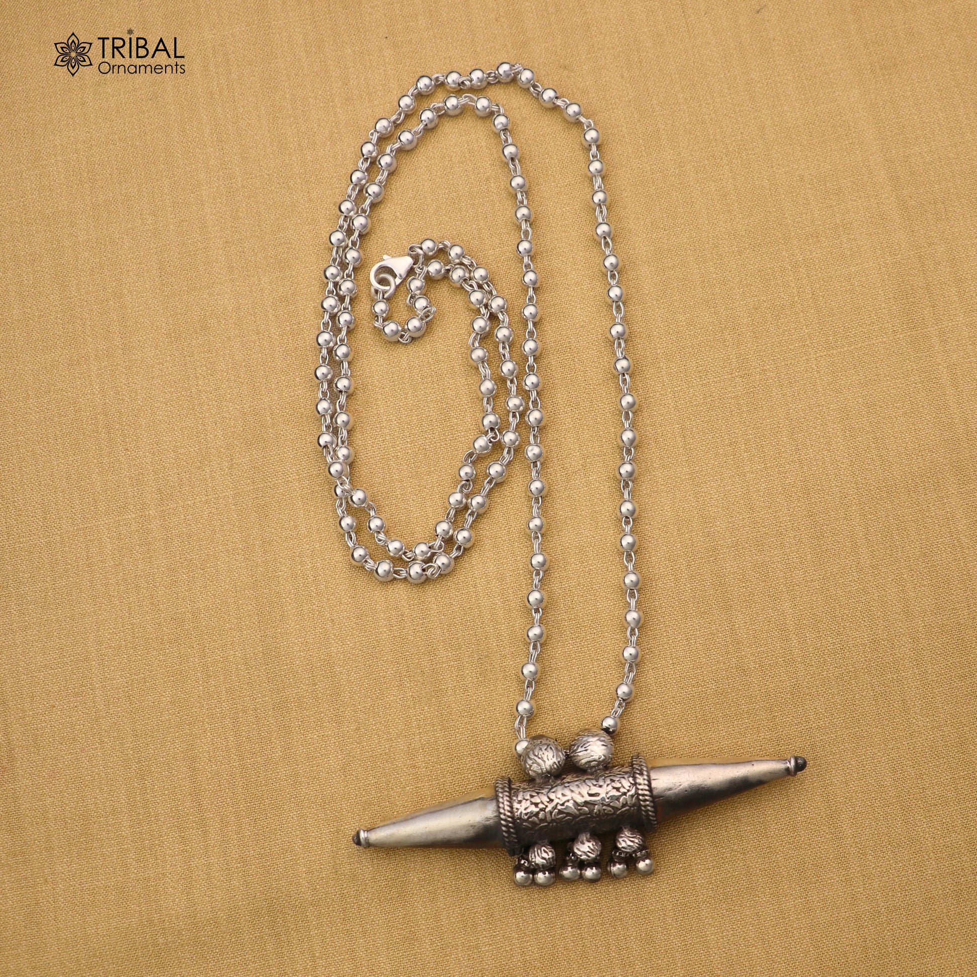 Sterling silver beaded chain necklace with ethnic tabiz pendant from TRIBAL ORNAMENTS tribal jewelry set, detailed close-up image.