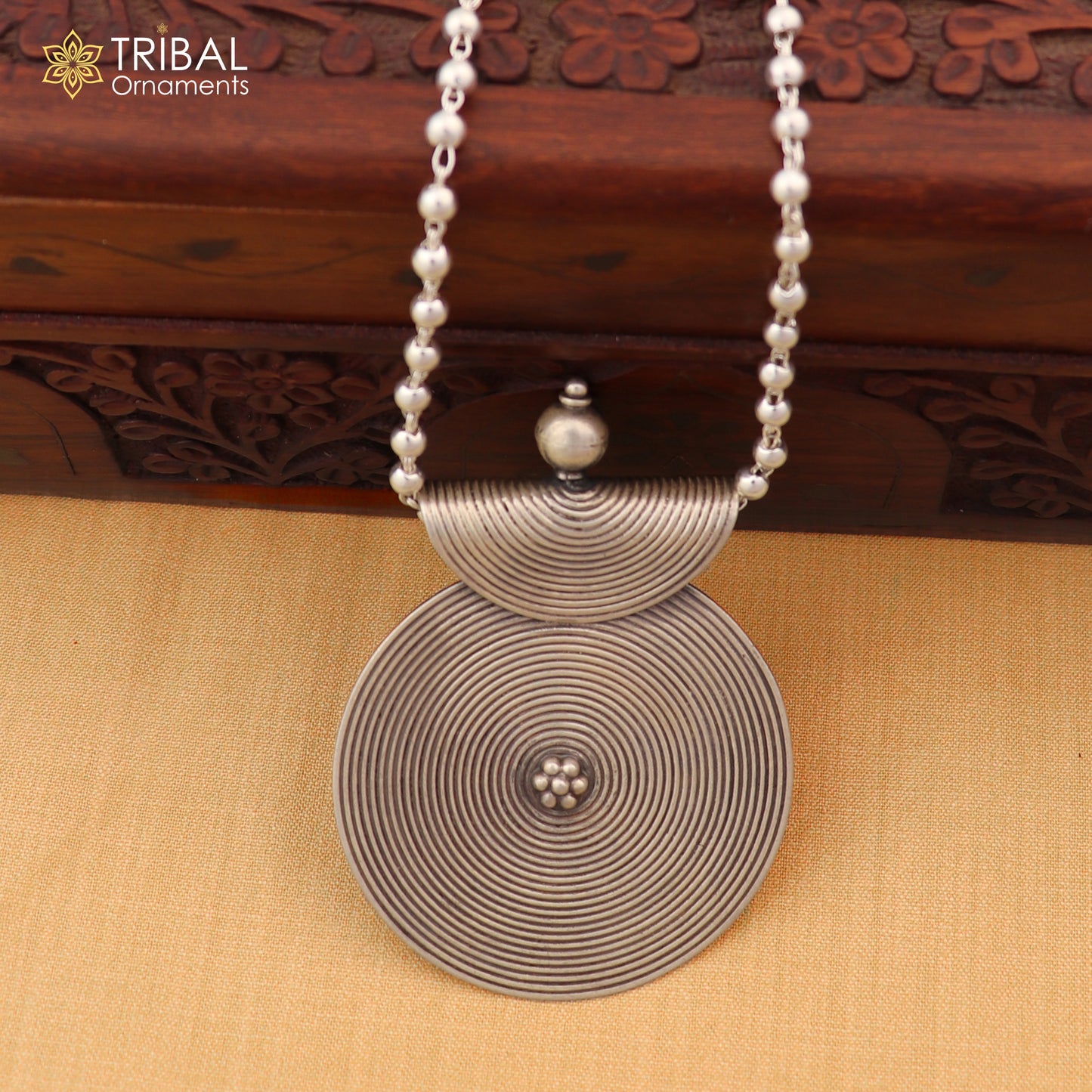 925 sterling silver beadded chain with spriral ethnic pendant and necklace tribal jewelry set845