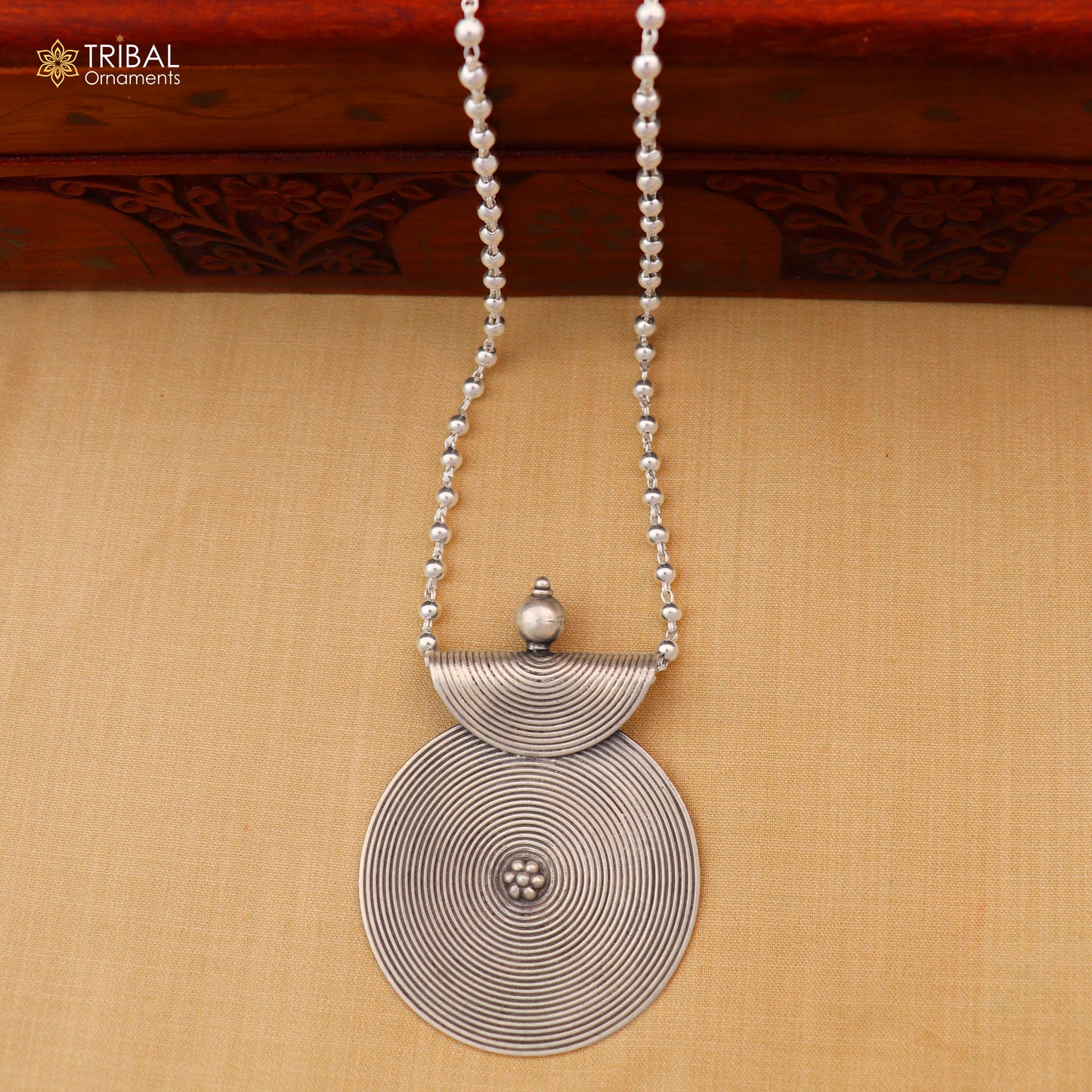 925 sterling silver beadded chain with spriral ethnic pendant and necklace tribal jewelry set845