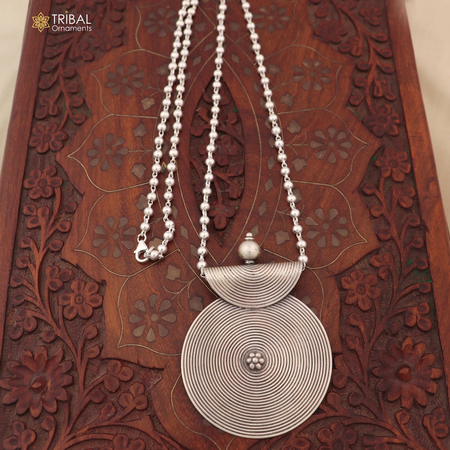 925 sterling silver beadded chain with spriral ethnic pendant and necklace tribal jewelry set845