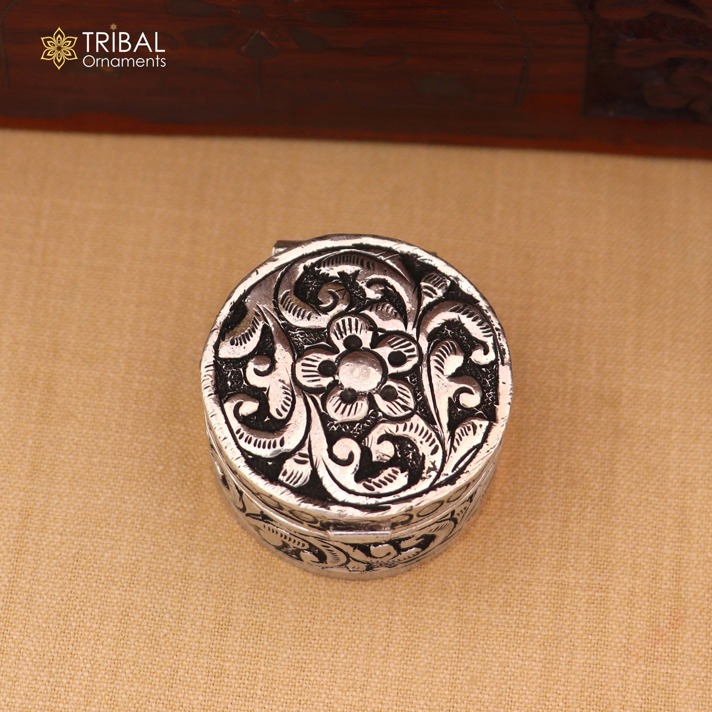 925 sterling silver round flower design oxidized trinket box , Sindoor box brides jewelry stb908