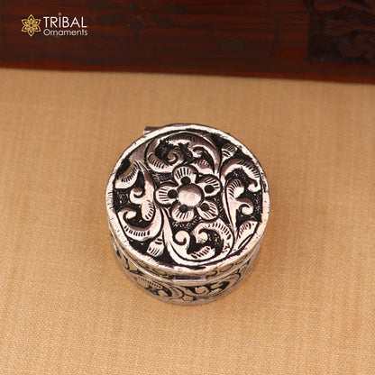 925 sterling silver round flower design oxidized trinket box , Sindoor box brides jewelry stb908