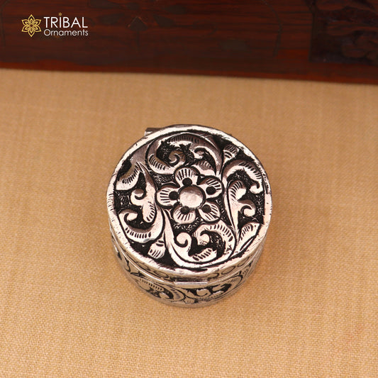 925 sterling silver round flower design oxidized trinket box , Sindoor box brides jewelry stb908