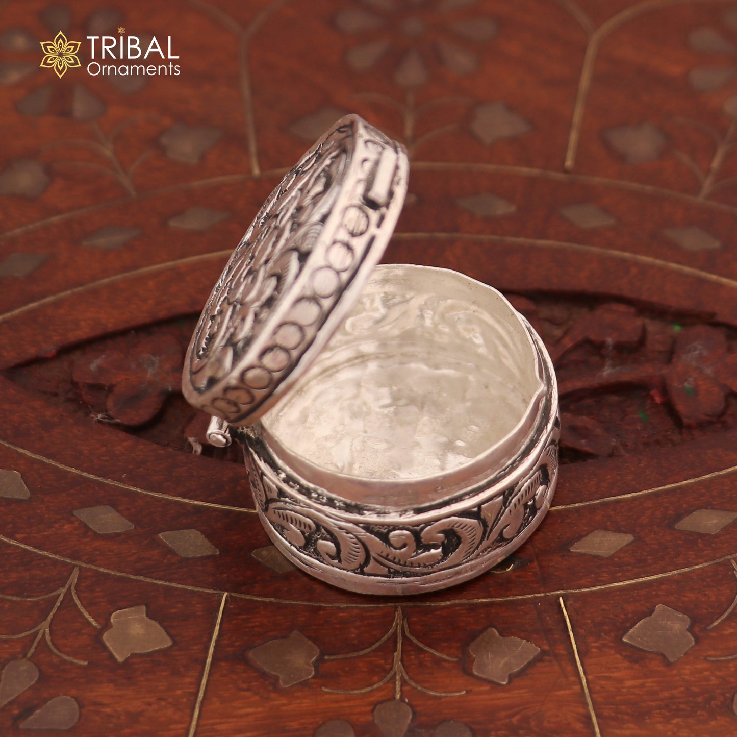 925 sterling silver round flower design oxidized trinket box , Sindoor box brides jewelry stb908