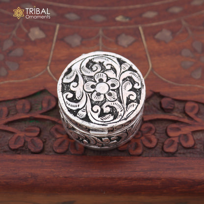 925 sterling silver round flower design oxidized trinket box , Sindoor box brides jewelry stb908