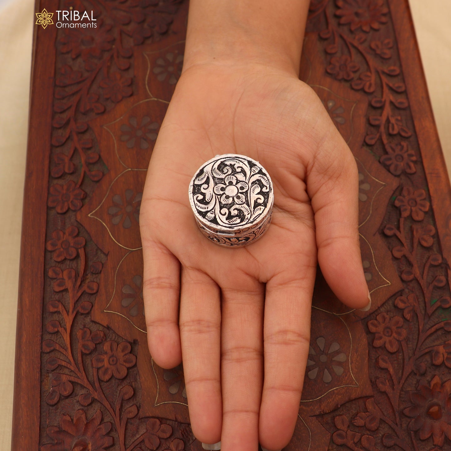 925 sterling silver round flower design oxidized trinket box , Sindoor box brides jewelry stb908