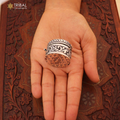 925 sterling silver round flower design oxidized trinket box , Sindoor box brides jewelry stb908