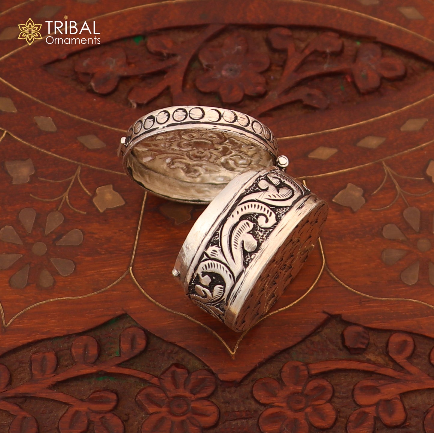 925 sterling silver round flower design oxidized trinket box , Sindoor box brides jewelry stb908