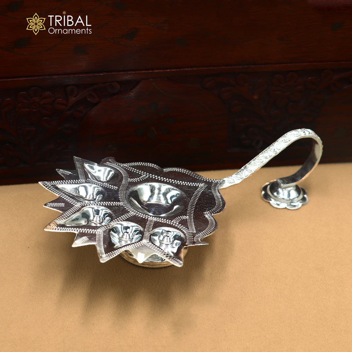 925 Sterling silver Deepak 5-lamp temple figurine for puja and arti, detailed tribal ornament art religious sculpture.