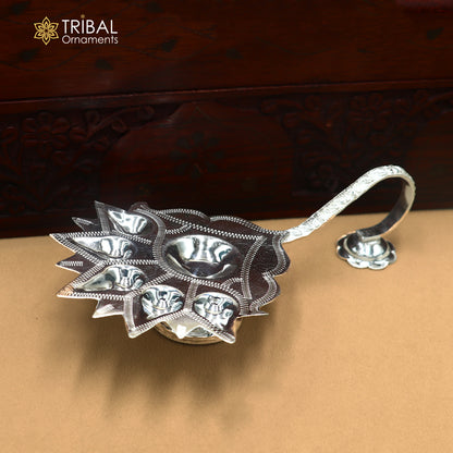 925 Sterling silver Deepak 5-lamp temple figurine for puja and arti, detailed tribal ornament art religious sculpture.