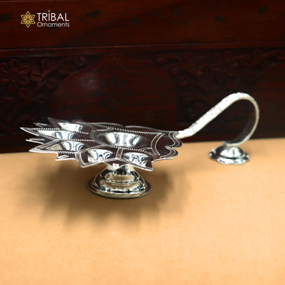 925 silver Deepak 5 lamp temple figurine for puja, detailed tribal ornament art decorative piece for religious rituals.