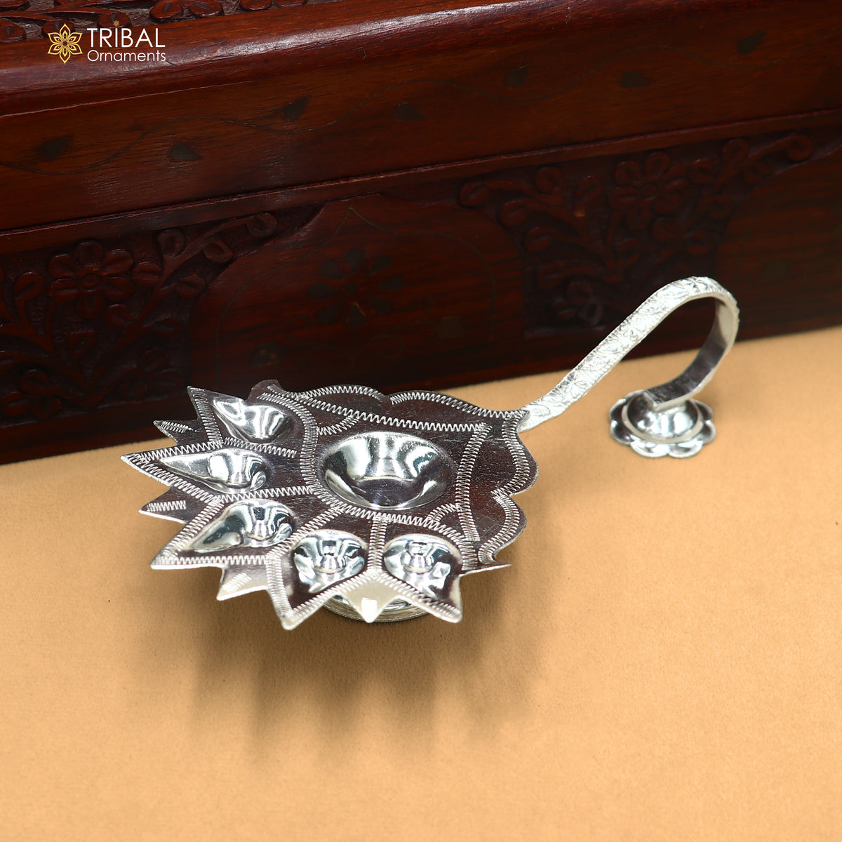 925 Sterling silver Deepak 5-lamp arti temple figurine by TRIBAL ORNAMENTS, detailed puja art and decorative temple sculpture