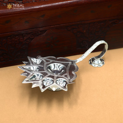 925 Sterling silver Deepak 5-lamp arti temple figurine by TRIBAL ORNAMENTS, detailed puja art and decorative temple sculpture