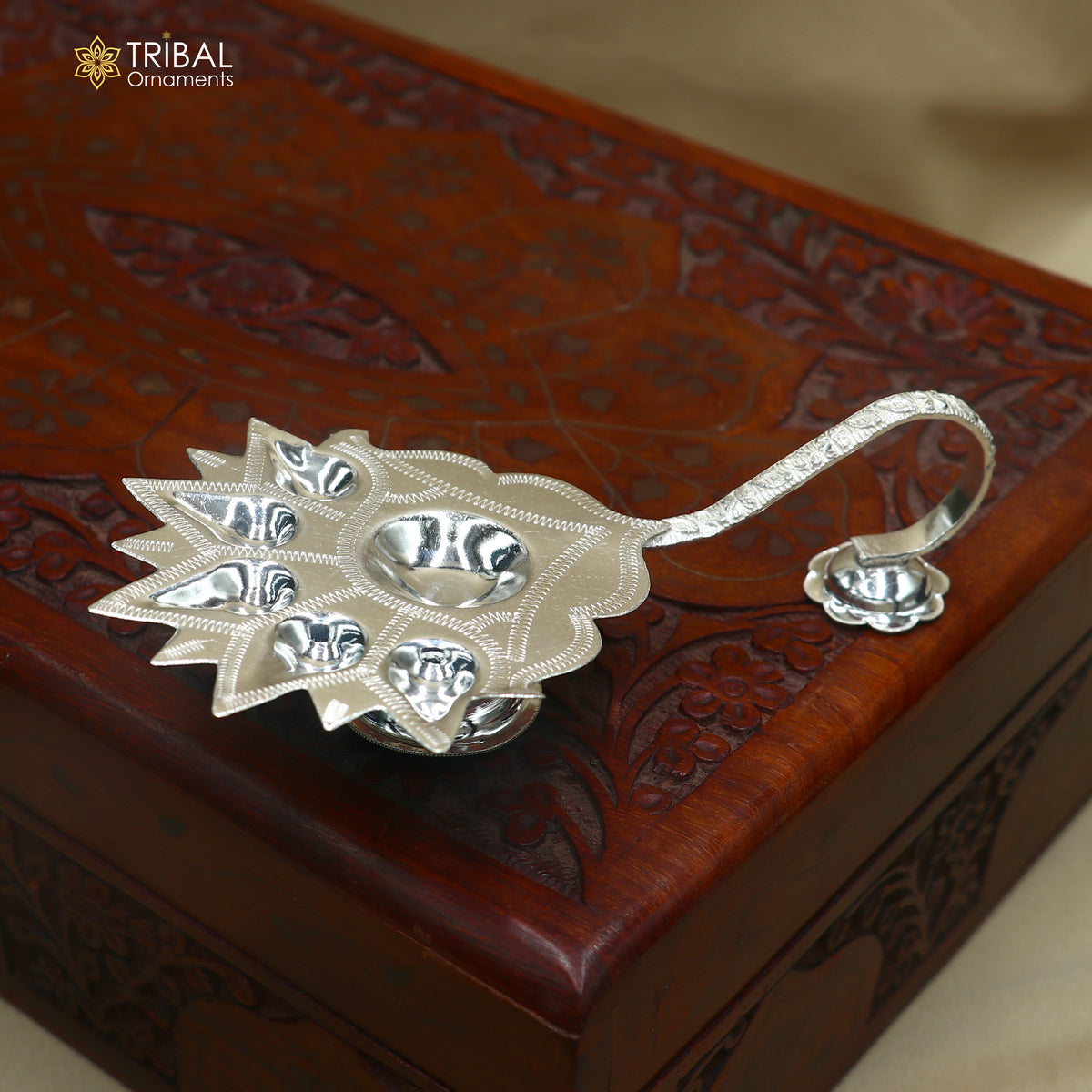 925 Sterling silver Deepak 5-lamp temple art puja figurine by Tribal Ornaments, detailed silver religious sculpture for prayer and worship