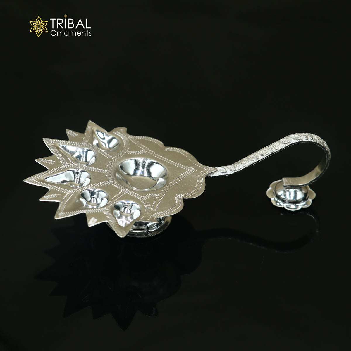 925 silver Deepak 5-lamparti temple figurine by Tribal Ornaments, detailed puja art sculpture with intricate design.