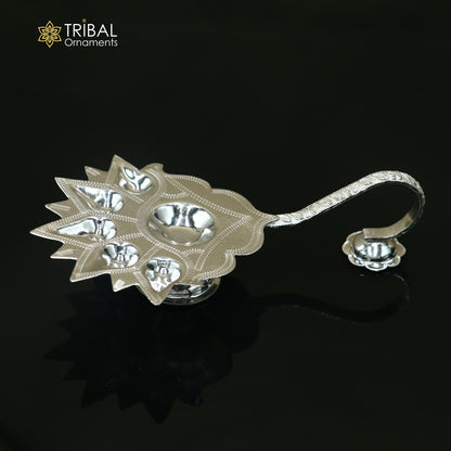 925 silver Deepak 5-lamparti temple figurine by Tribal Ornaments, detailed puja art sculpture with intricate design.