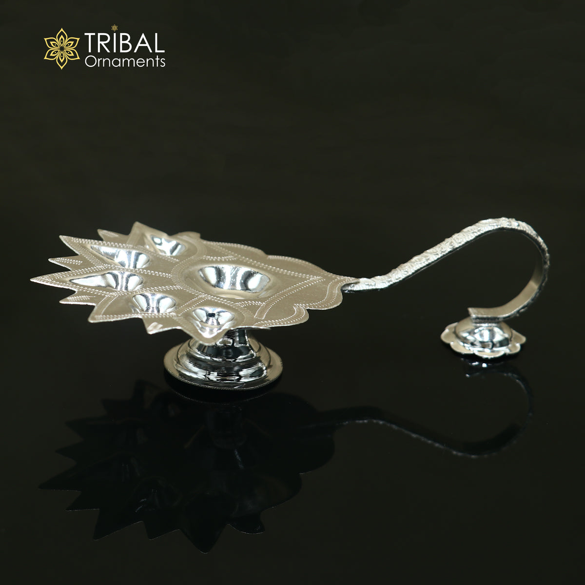 925 sterling silver Deepak 5 lamp temple figurine for puja, detailed tribal ornaments art decorative diwali lamp.