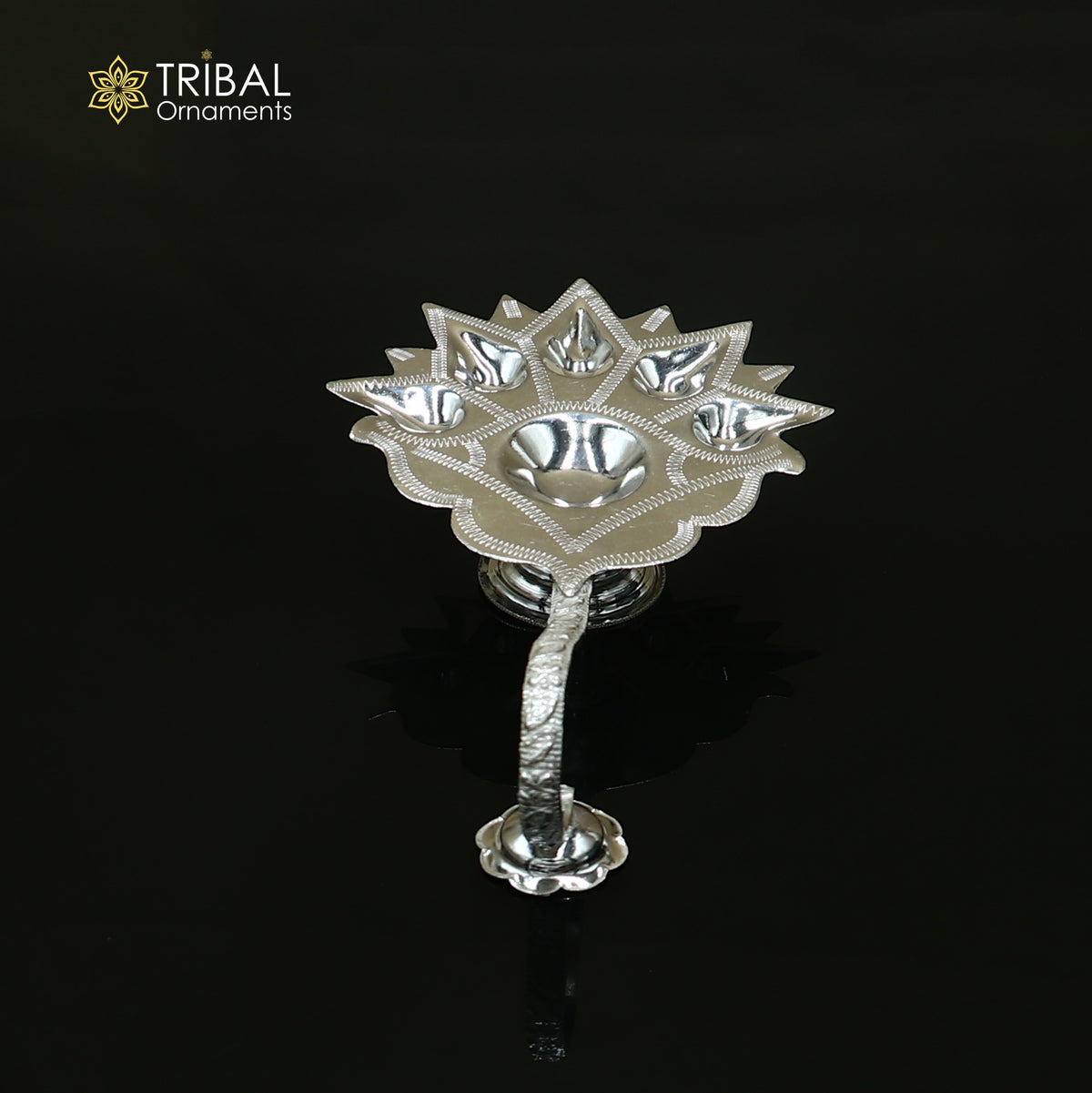 Sterling silver Deepak 5 lamp arti temple figurine by TRIBAL ORNAMENTS, detailed puja art sculpture with intricate design.
