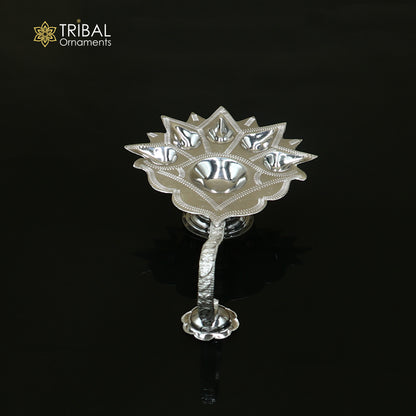 Sterling silver Deepak 5 lamp arti temple figurine by TRIBAL ORNAMENTS, detailed puja art sculpture with intricate design.