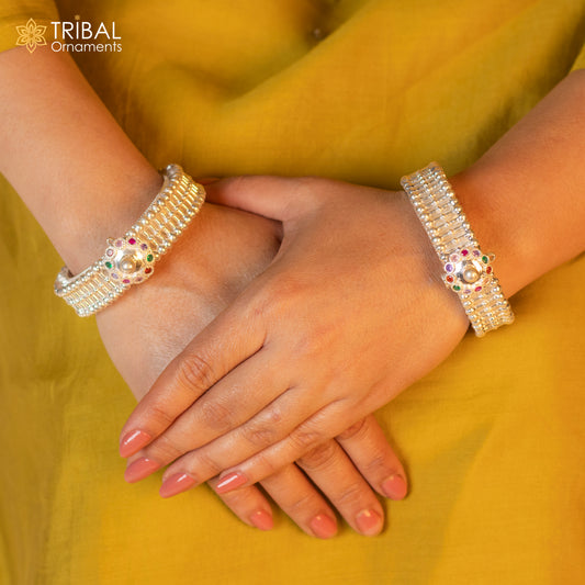 Indian Traditional cultural design trendy 925 sterling silver handmade cuff kada bracelet amazing vintage design brides bangle nba420 - TRIBAL ORNAMENTS