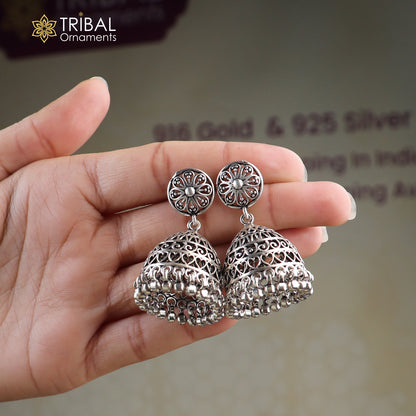 Vintage floral design 925 sterling silver jumka earring with oxidized finish from TRIBAL ORNAMENTS, showcasing intricate floral detailing.