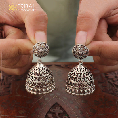 925 sterling silver vintage floral jumka earring with oxidized finish, featuring intricate floral design by TRIBAL ORNAMENTS.