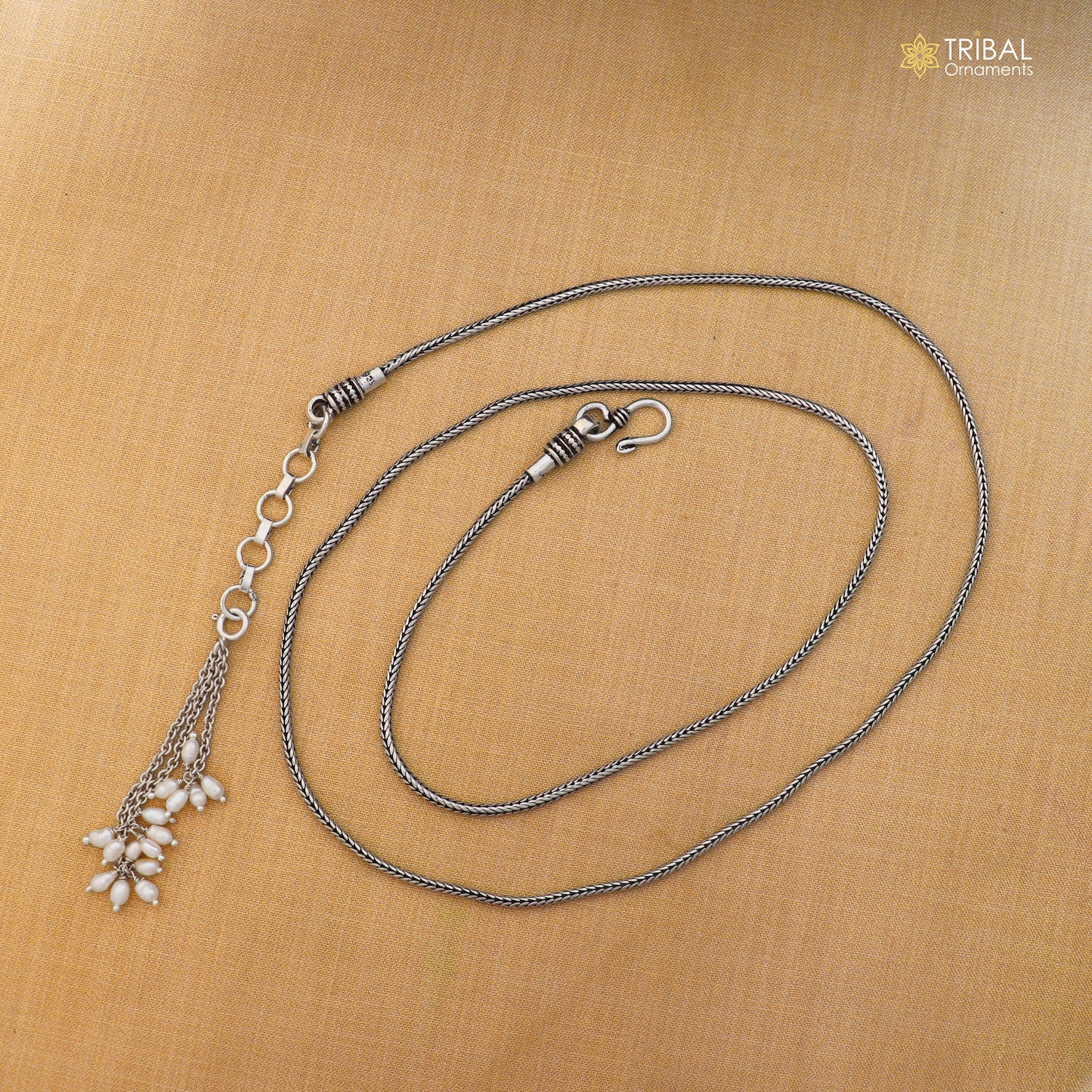Sterling silver adjustable wheat design waist chain, vintage belly chain with intricate details, ideal for traditional sari or jewelry wear.