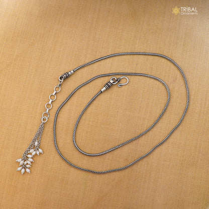 Sterling silver adjustable wheat design waist chain, vintage belly chain with intricate details, ideal for traditional sari or jewelry wear.
