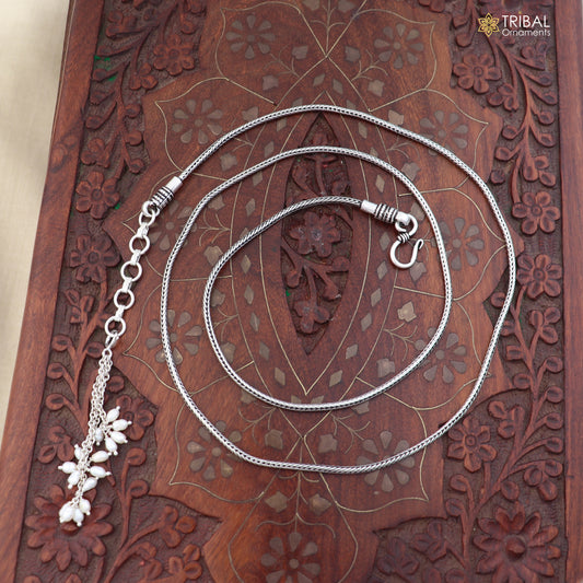 Sterling silver adjustable wheat design waist chain with vintage style, perfect for belly or sari wear, by TRIBAL ORNAMENTS.