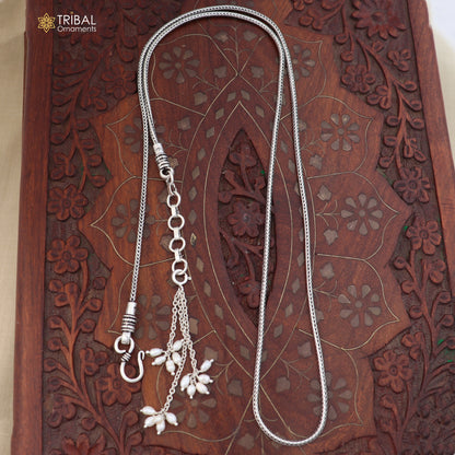 Sterling silver adjustable wheat design waist chain from TRIBAL ORNAMENTS, vintage belly chain for 26 to 30-inch waist.