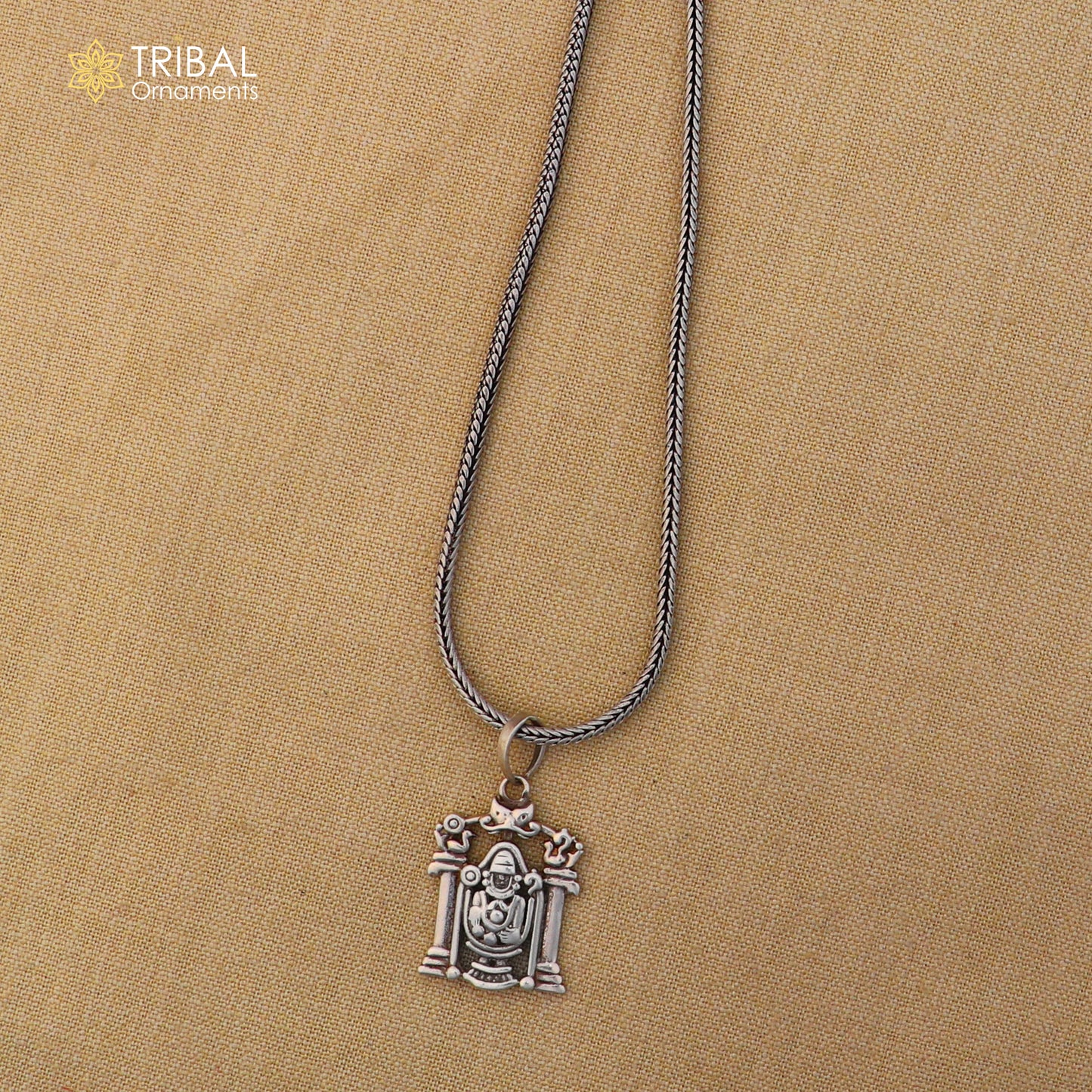 925 sterling silver Tirupati Bala Ji pendant with chain, tribal jewelry by Tribal Ornaments, featuring detailed religious design.