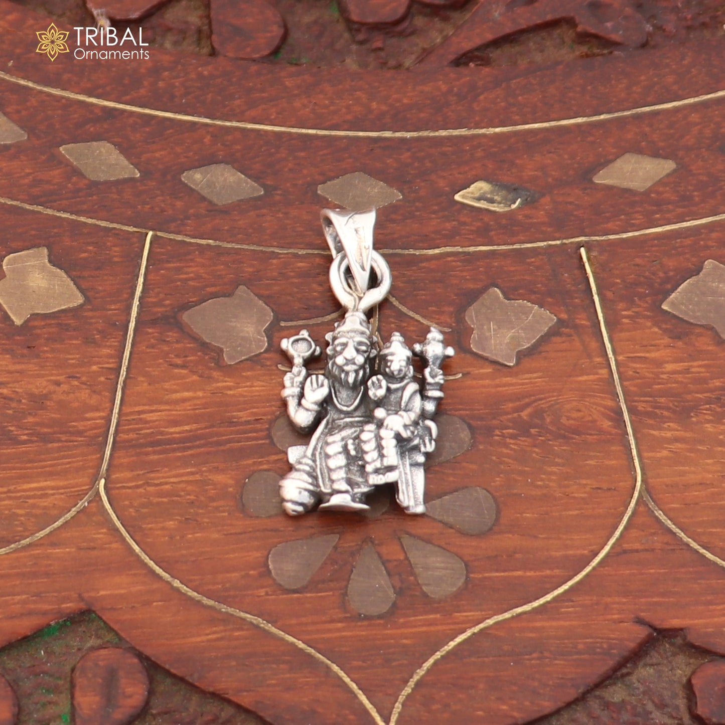 925 sterling silver Narsimha pendant with Prahlad, tribal jewelry design, attached chain, detailed craftsmanship by Tribal Ornaments.