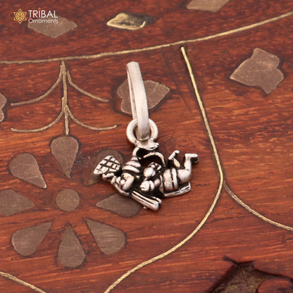 925 sterling silver Hanuman ji pendant with chain, tribal jewelry featuring detailed flying Hanuman design.