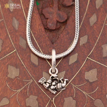Sterling silver Flying Hanuman Ji pendant with chain, tribal jewelry piece showcasing detailed craftsmanship and religious symbolism.