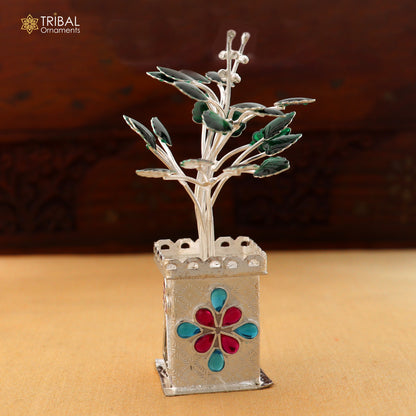 925 sterling silver Tulsi plant basil rosary for puja, with detailed craftsmanship, ideal for temple and spiritual rituals.