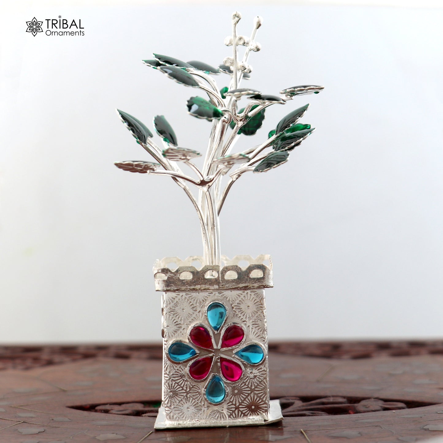 925 sterling silver Tulsi plant basil rosary for puja, detailed handcrafted temple ornament by TRIBAL ORNAMENTS.