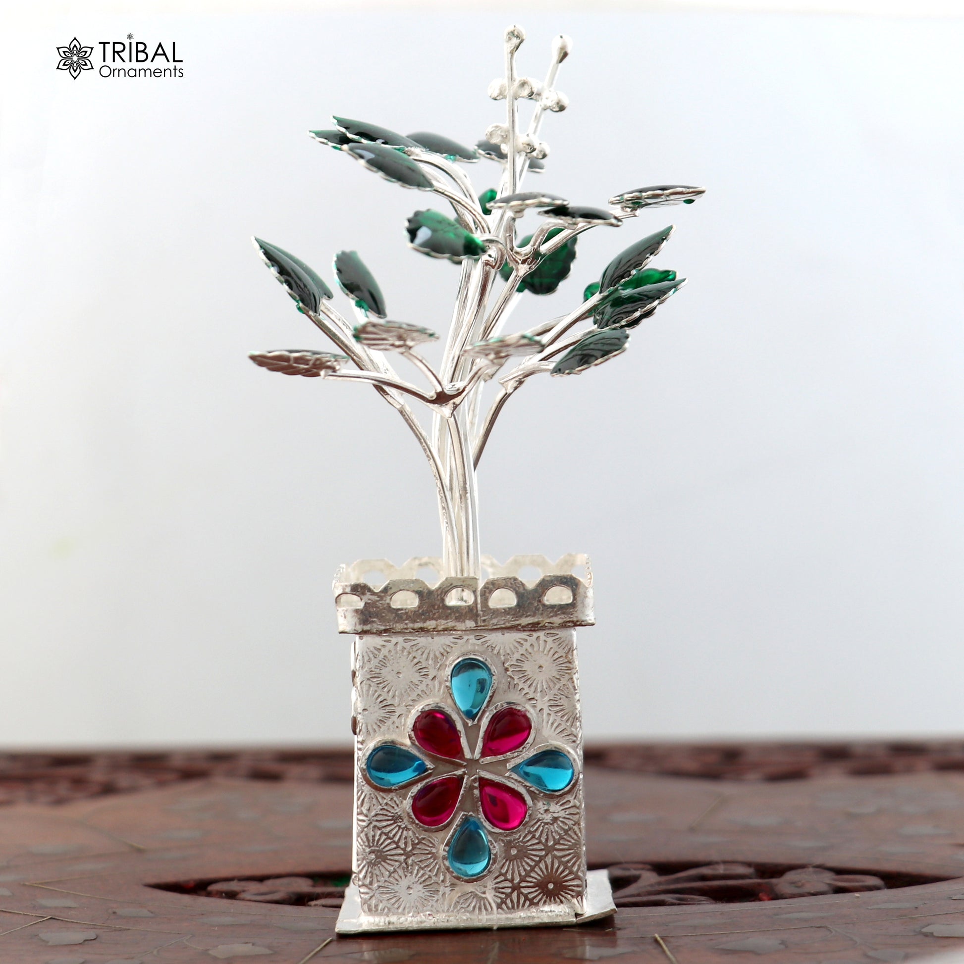 925 sterling silver Tulsi plant basil rosary for puja, detailed handcrafted temple ornament by TRIBAL ORNAMENTS.