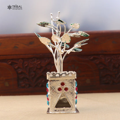 925 sterling silver Tulsi basil rosary plant for puja temple, with intricate design, from TRIBAL ORNAMENTS.