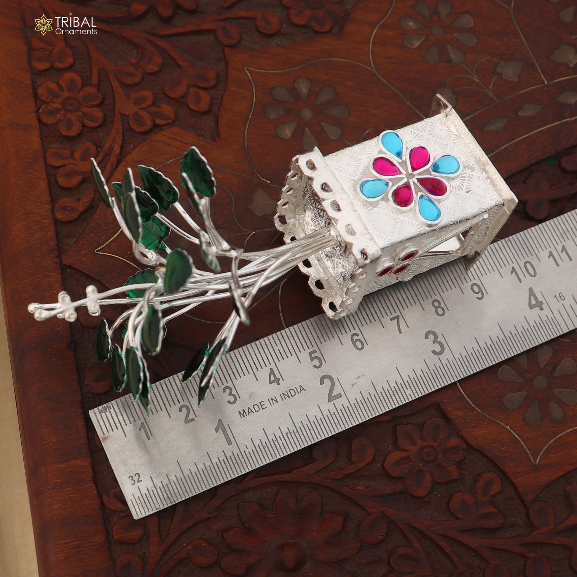 925 sterling silver Tulsi basil rosary plant for puja and temple rituals, featuring detailed beads and traditional design.